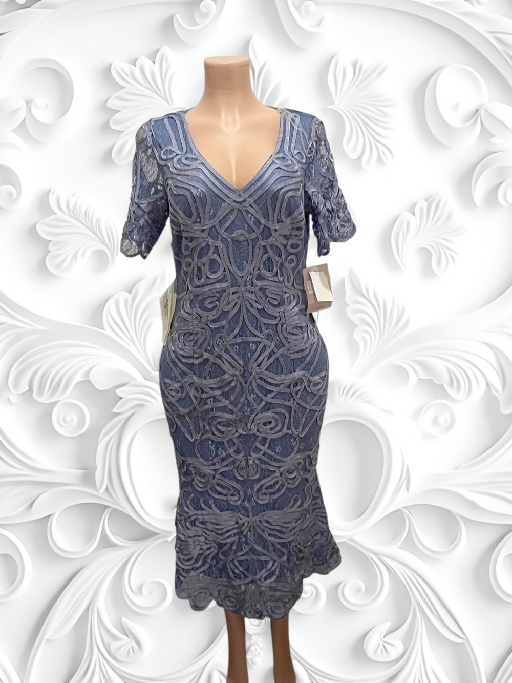 JS Collections Slate Blue Embroidered V-Neck Midi Dress